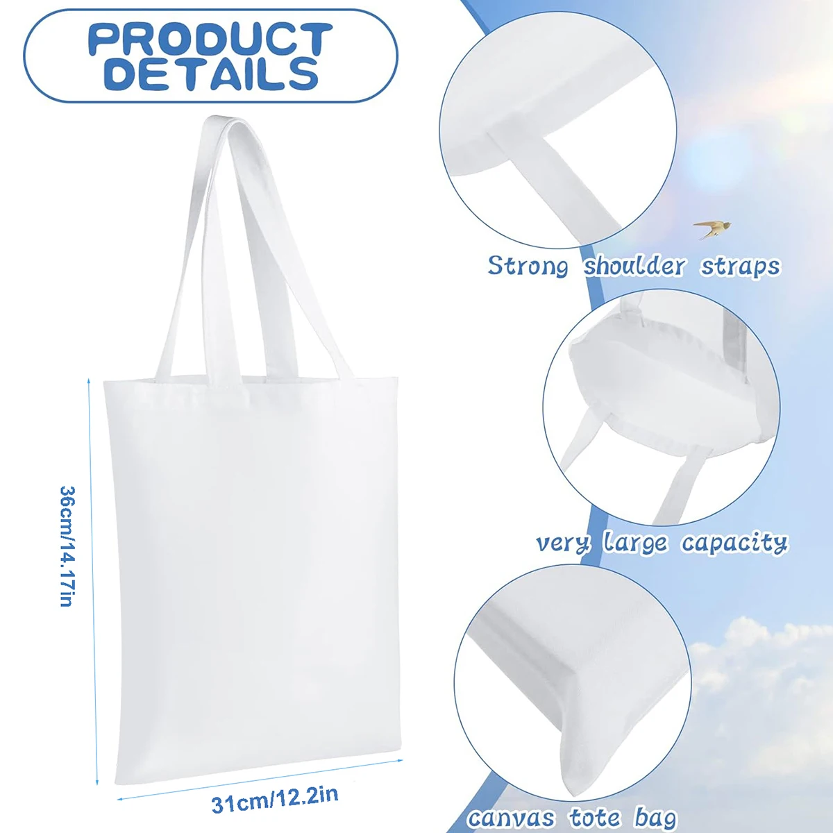 6pcs White Canvas Tote Bags, S - Tote Bag Sublimation 评论和价格